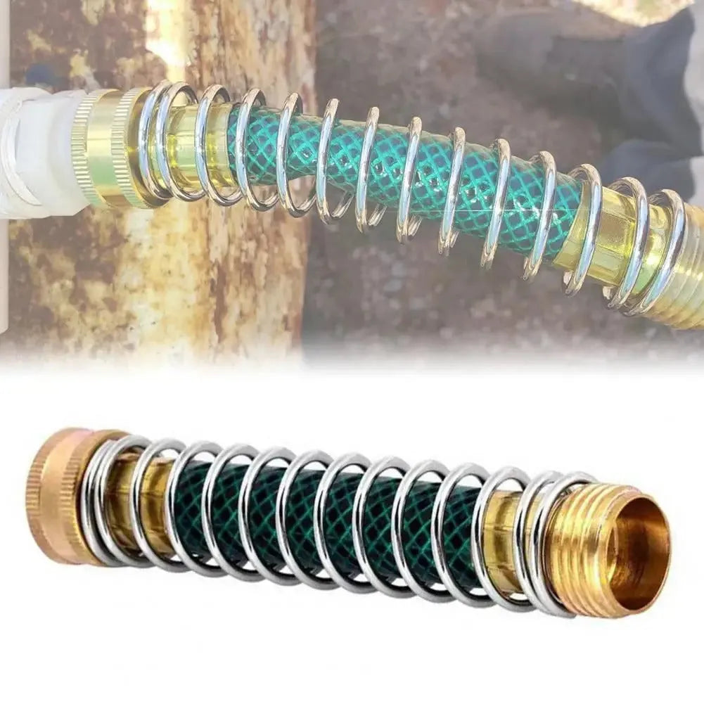 Brass garden hose connector with spring mechanism for preventing kinks