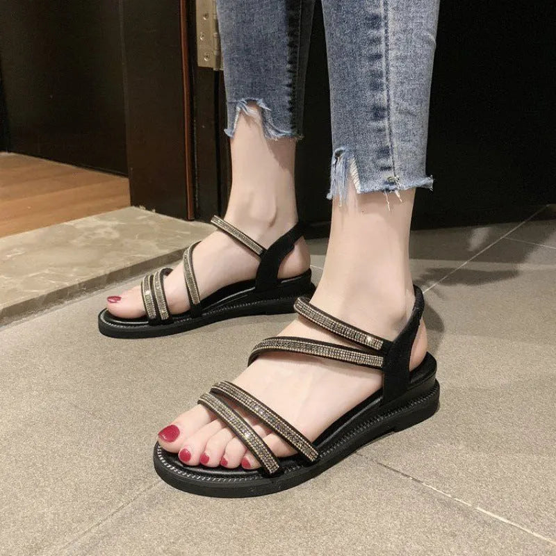 Korean style women's flat sandals with rhinestone decoration in gold colour