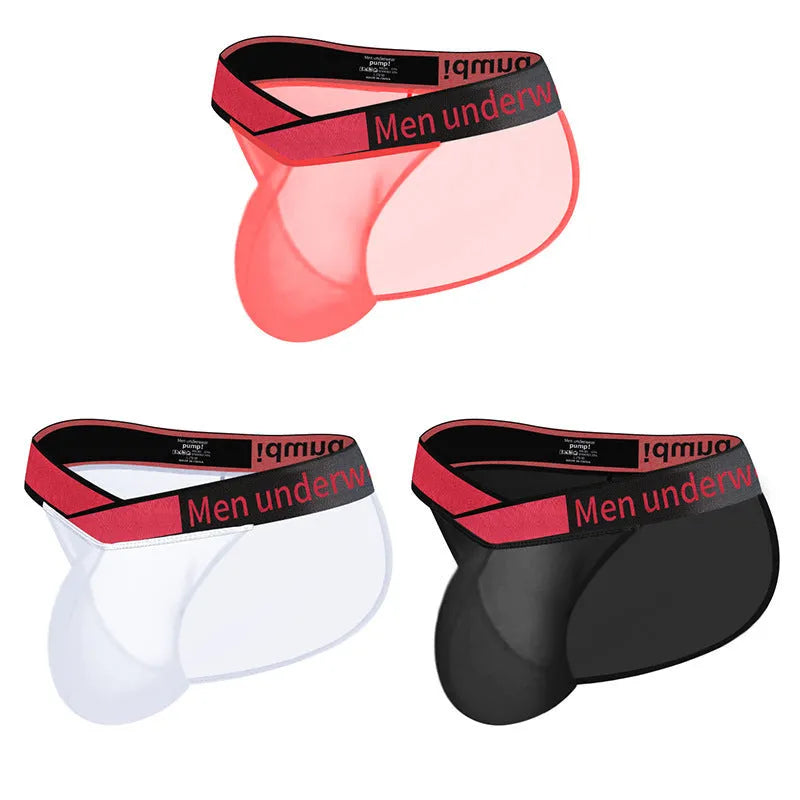 Men's transparent ice silk briefs with large V gradient high fork design in red, black and white colours