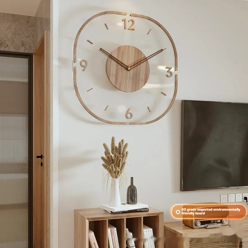 Transparent wooden frame wall clock with modern design measuring 35cm square
