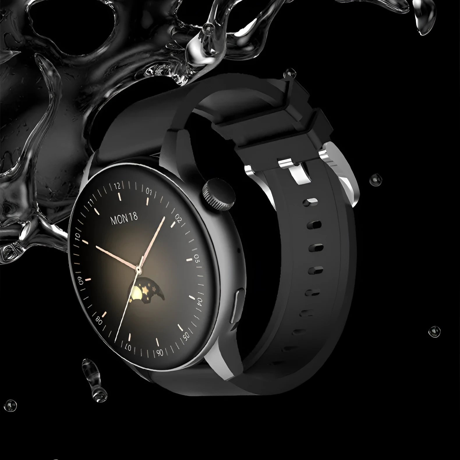 Black stainless steel smart watch showing a 1.30-inch HD colour touchscreen on a wrist.