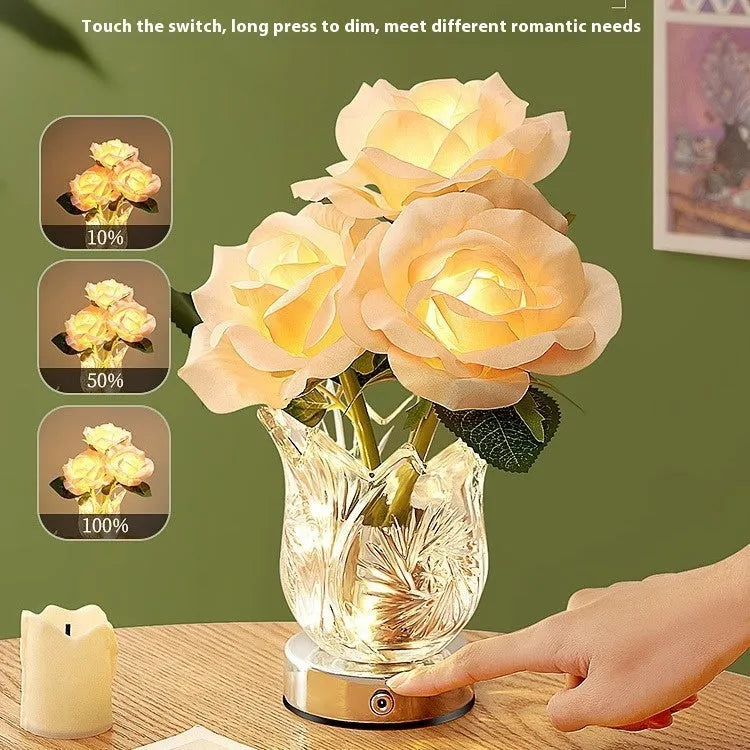 Crystal flowers design USB rechargeable table lamp with touch dimming control on wooden surface
