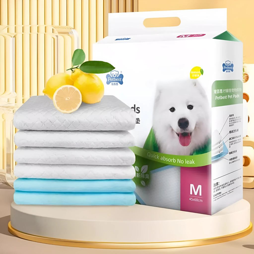 Pack of thickened dog urine pads showing adhesive strips and size comparison between S, M, L, and XL options