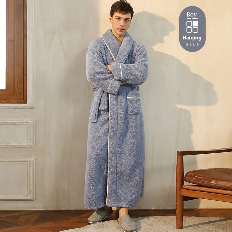Thickened winter couple's bathrobe in Angola red flannel with European style cut and plus size options