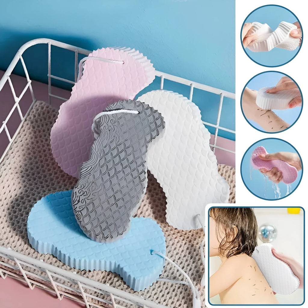 3D fish scale pattern bath sponge ball in white, grey, pink, and light blue colours