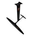 Black carbon fibre hydrofoil surfboard with aluminium alloy components for racing performance