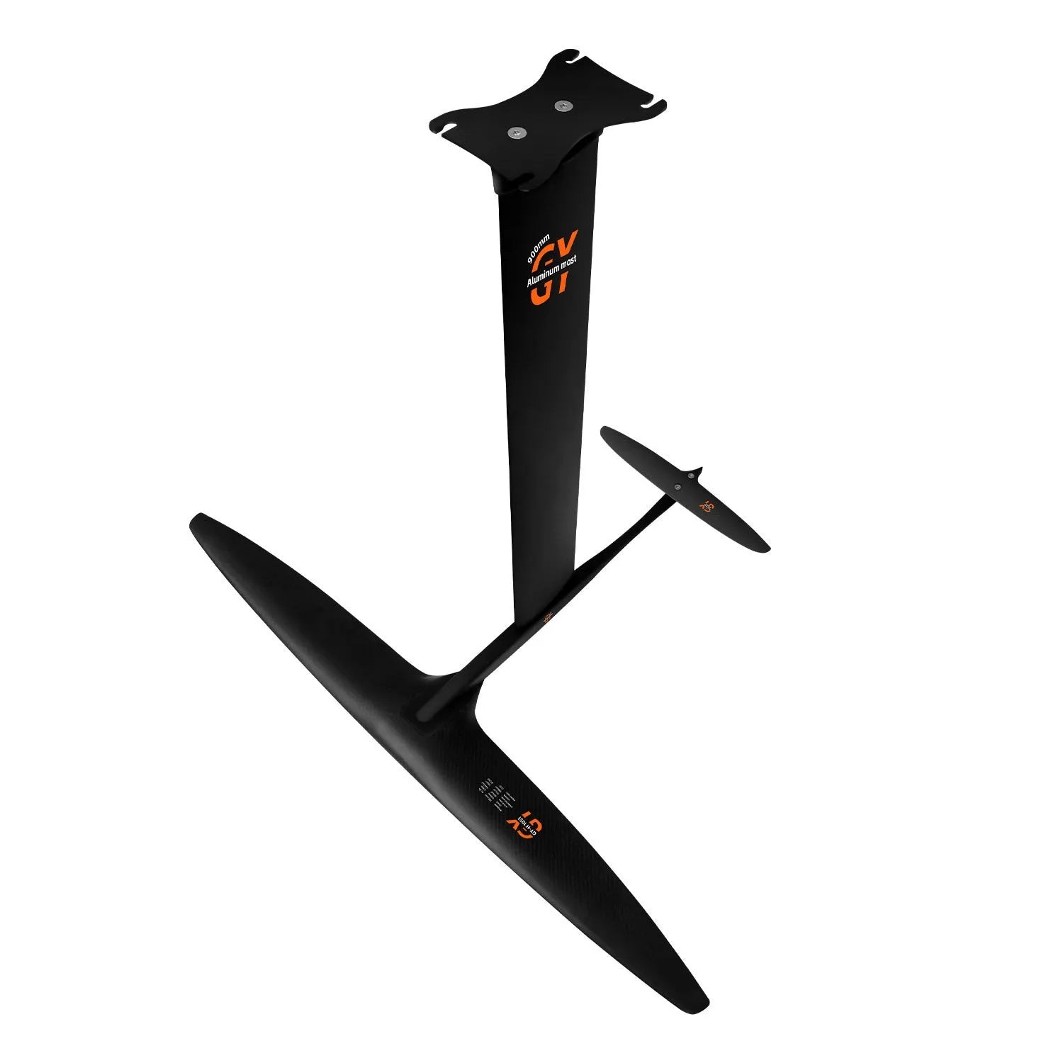 Black carbon fibre hydrofoil surfboard with aluminium alloy components for racing performance