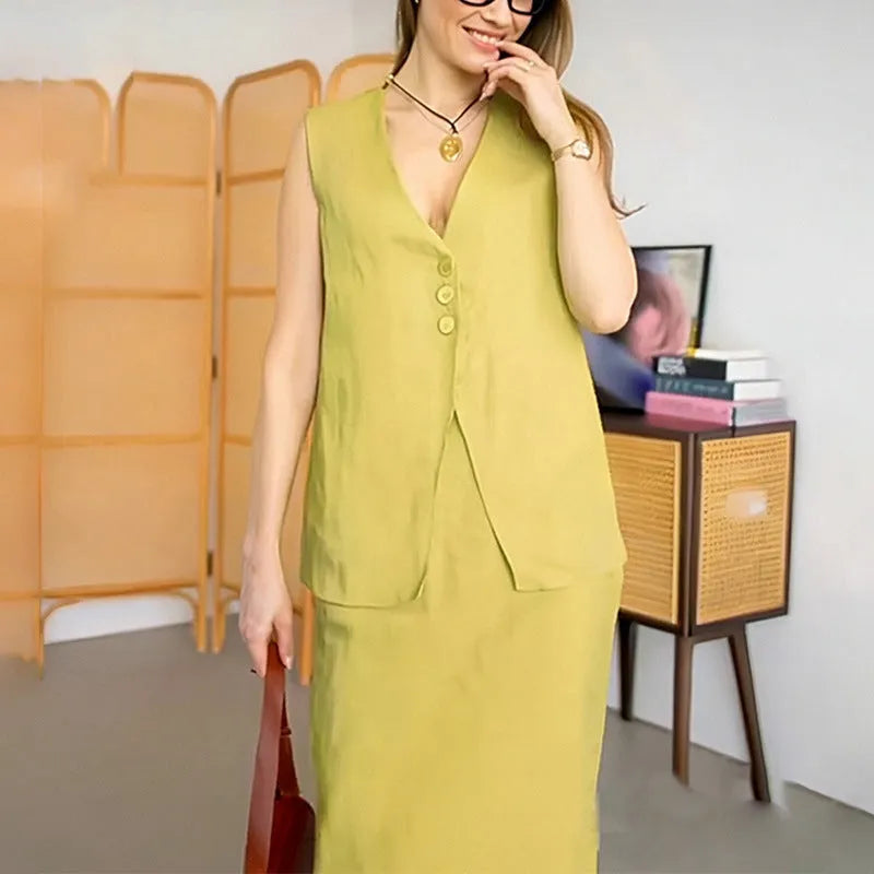 Women's polyester two-piece set with sleeveless vest top and long skirt in blue colour