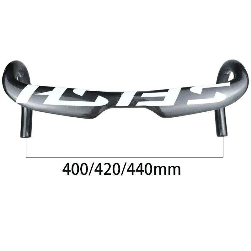 Carbon fibre road bike drop handlebar shown in a black finish, with ergonomic bends for brake hoods and drops.