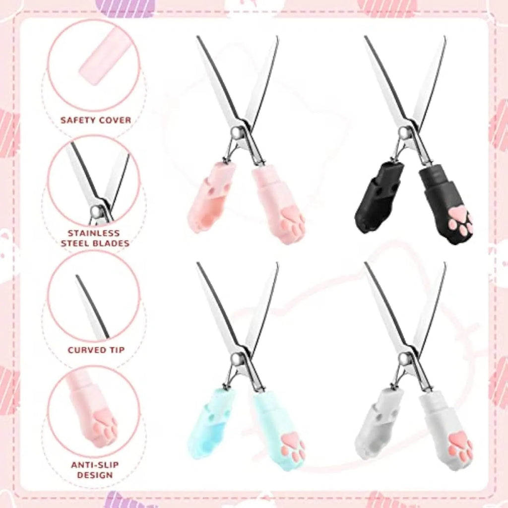 Cat paw mini folding scissors showing stainless steel blades and four colour options: pink, white, black, and blue