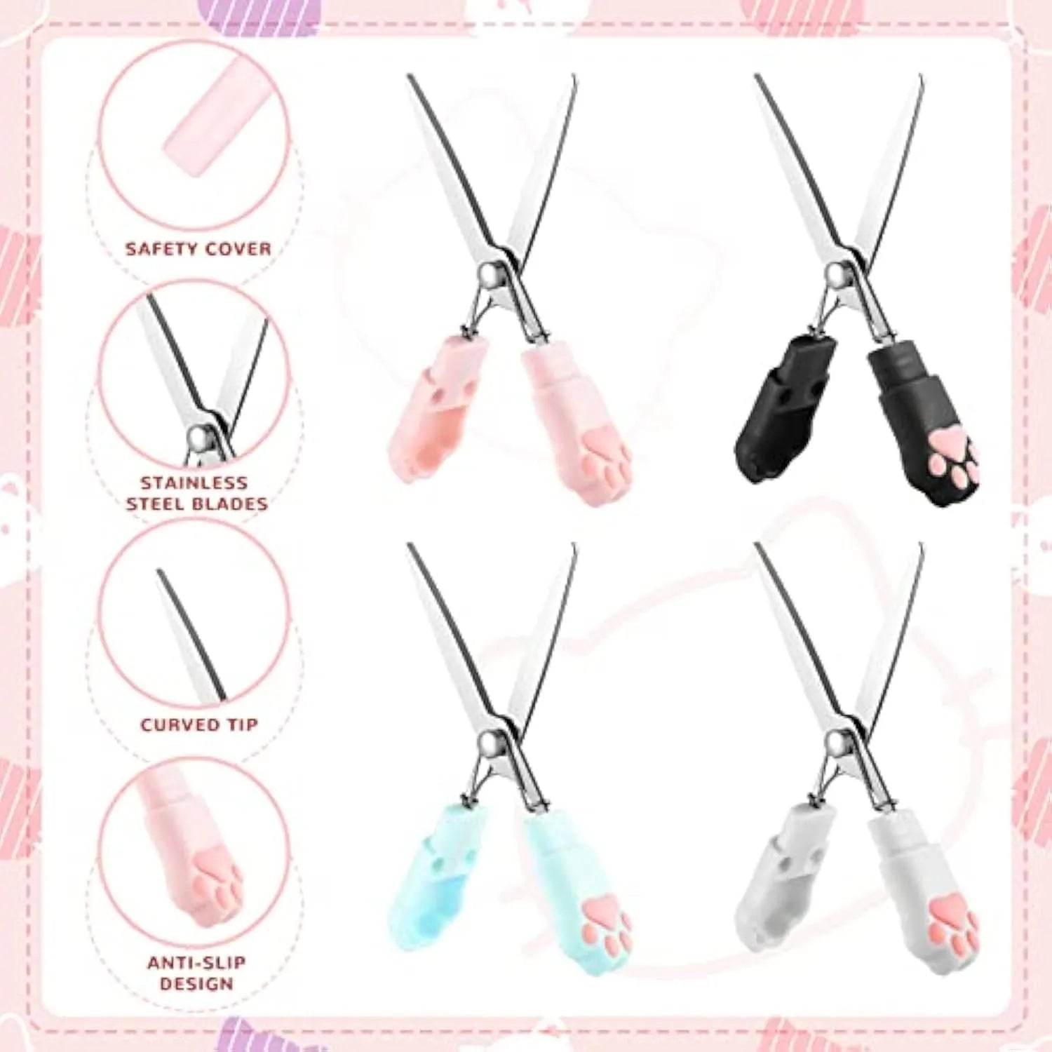 Cat paw mini folding scissors showing stainless steel blades and four colour options: pink, white, black, and blue