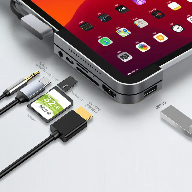 Silver aluminium USB-C docking station for iPad Pro with HDMI port and SD card reader