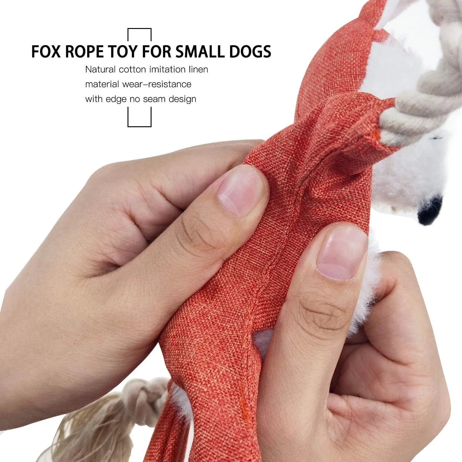 Brown fox-shaped plush dog toy with embroidered eyes, cotton rope limbs, and a squeaker.