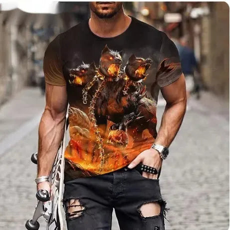 Men's black T-shirt with a detailed, raised 3D lion print on the chest.