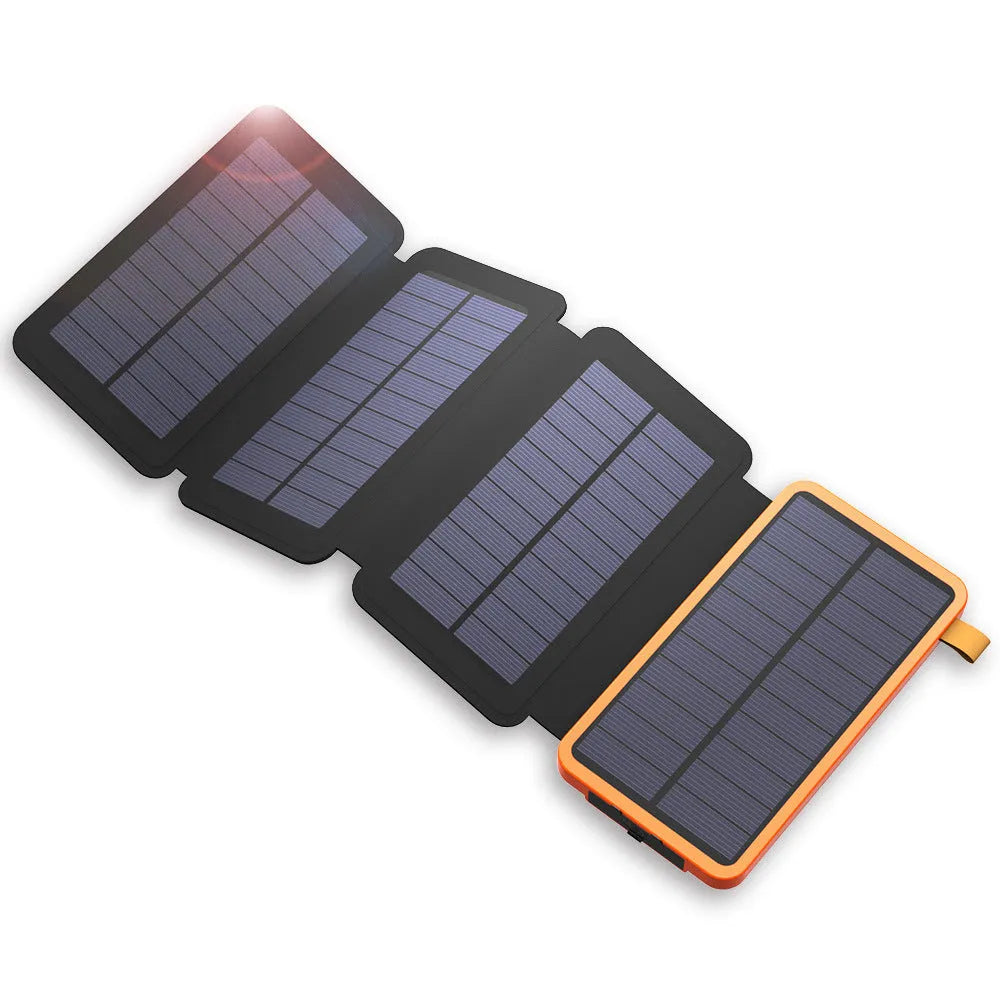 Outdoor rainproof solar phone charger with LED light showing solar panel and leather exterior