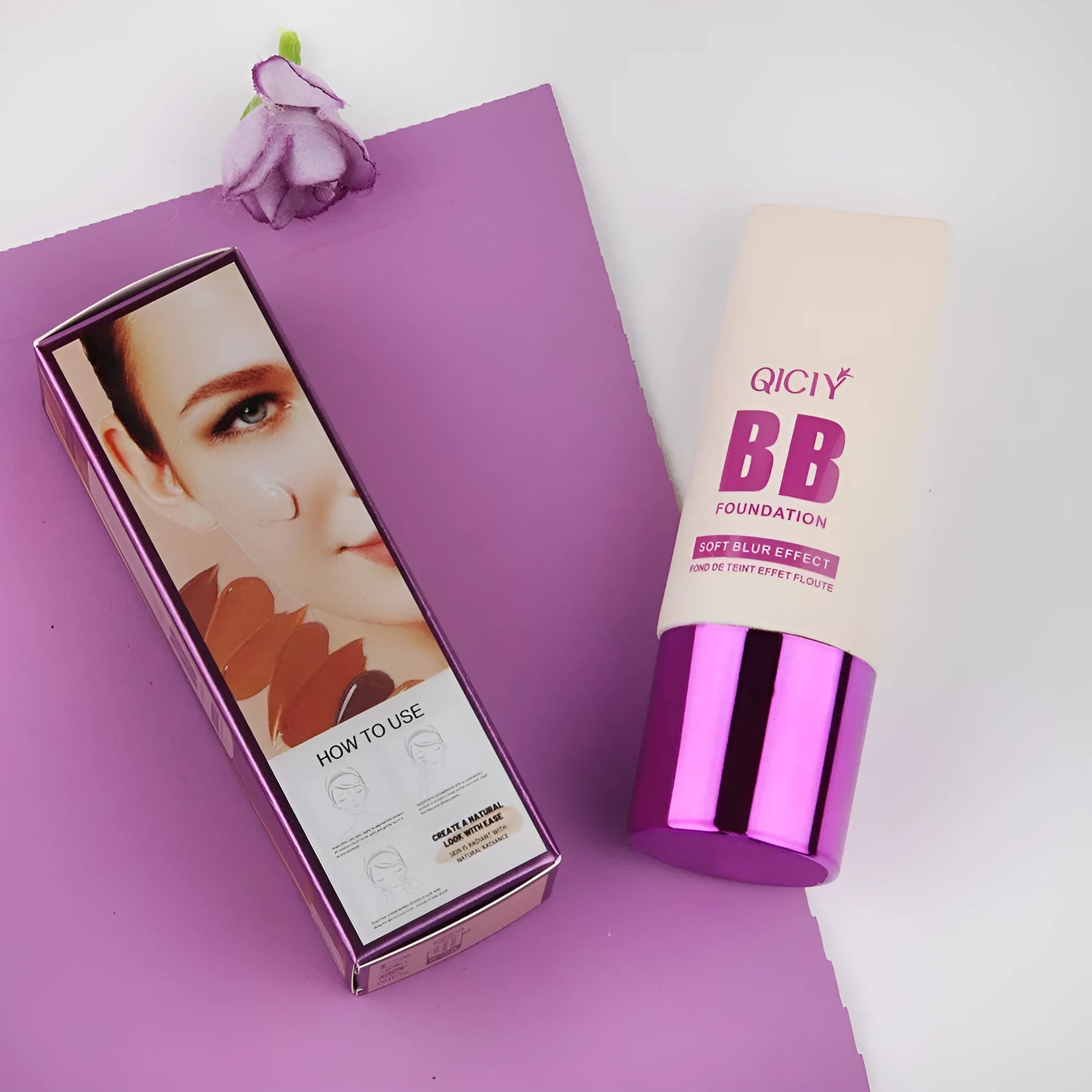 Feeding bottle containing liquid BB cream foundation in ten different shade numbers.
