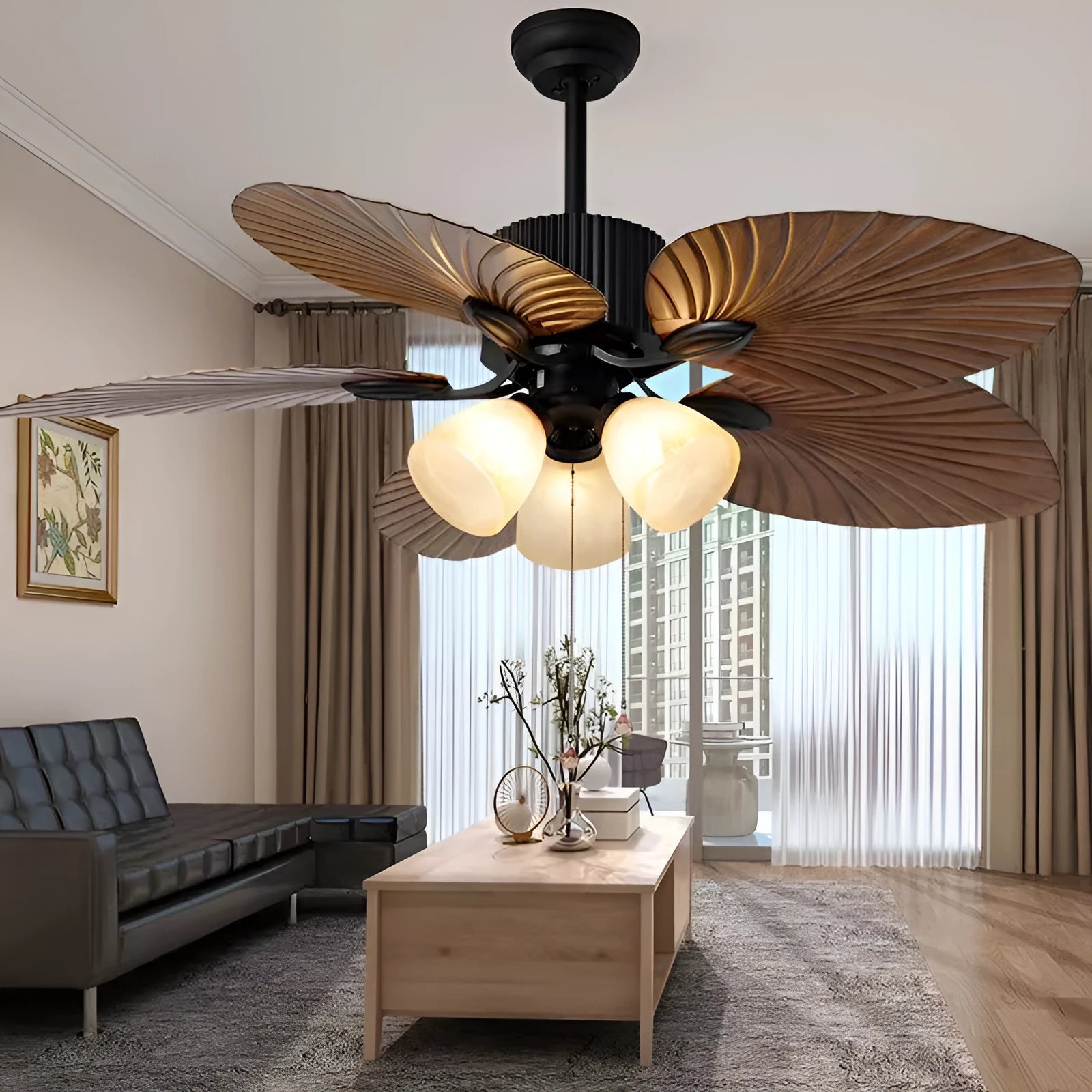 52-inch retro style ceiling fan light with wooden blades and integrated lighting fixtures
