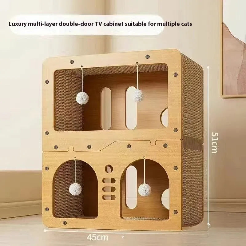 Double layer cat scratching board nest with scratching surface and enclosed resting area