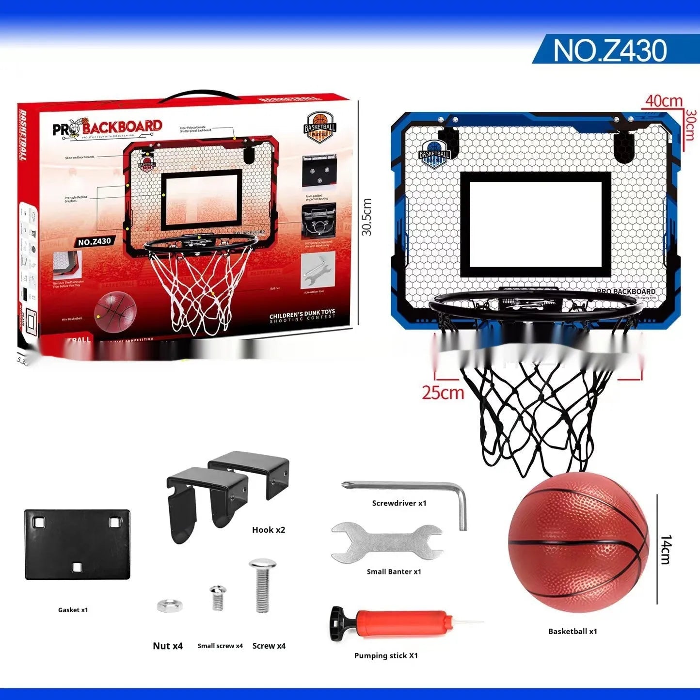 Red foldable indoor basketball hoop with suction cup mount showing dunk scoring and ball rack functions