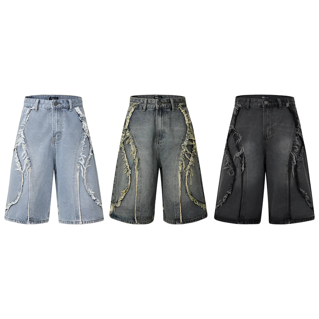 Distressed denim shorts with raw edge hem in light blue, laid flat to show straight leg cut.