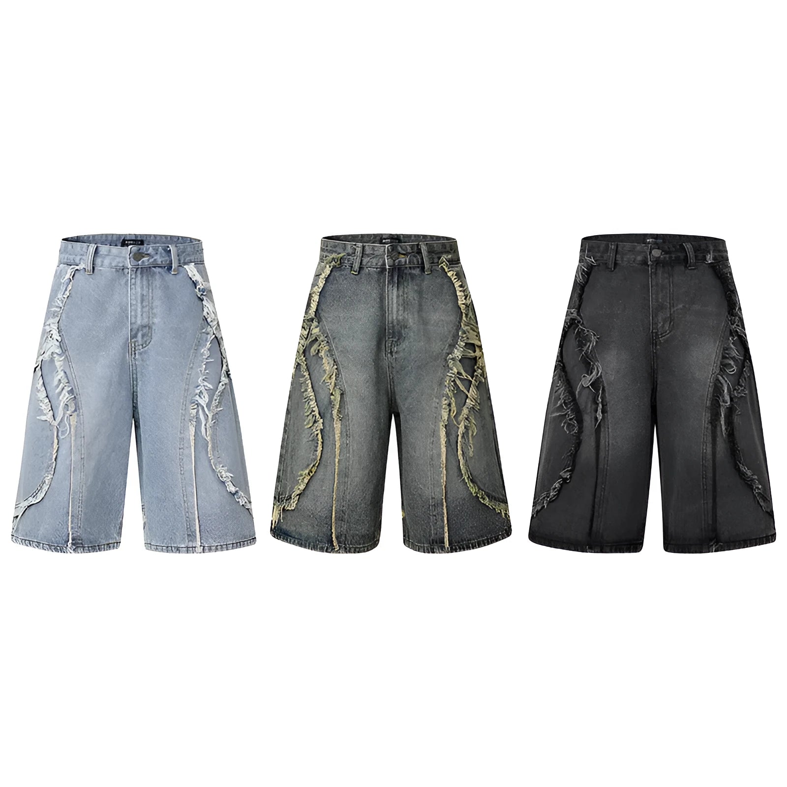Distressed denim shorts with raw edge hem in light blue, laid flat to show straight leg cut.