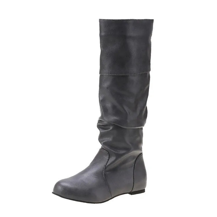 Women's black slip-on flat ankle boots with high shaft and round toe