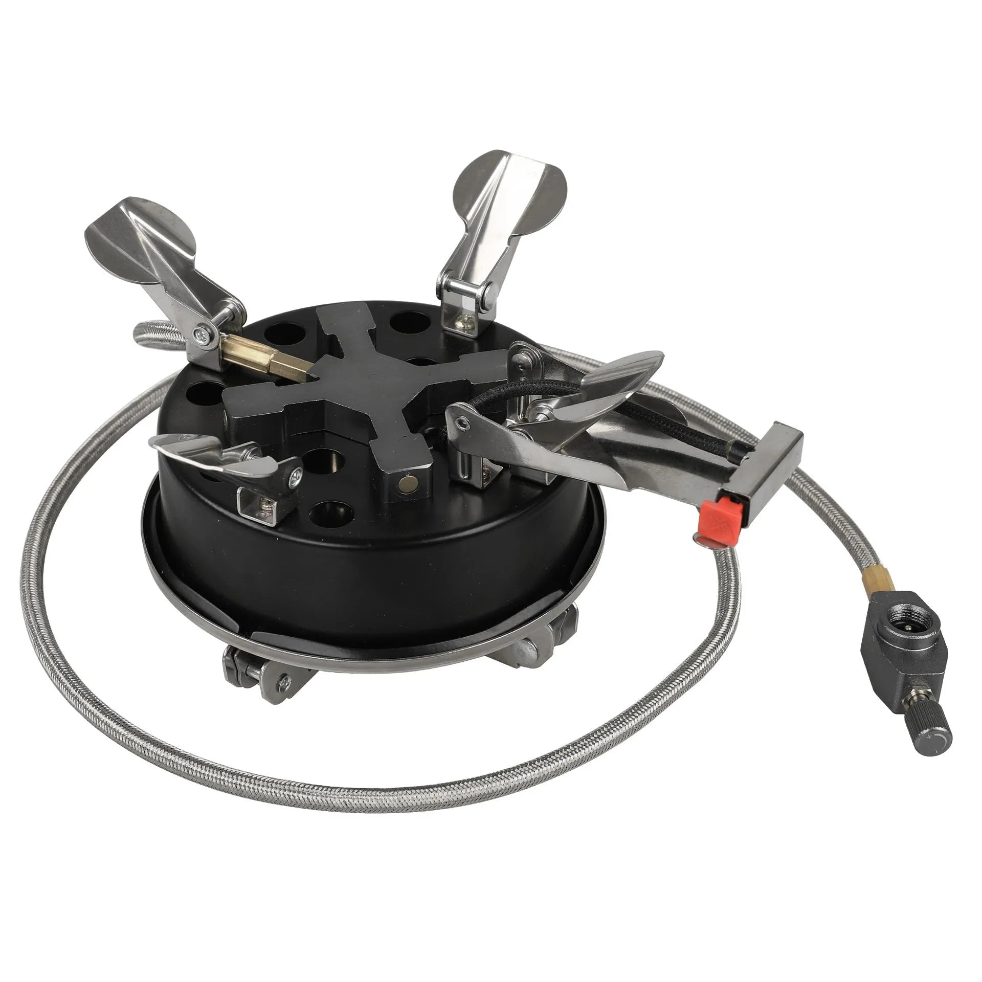 Silver portable split camping stove made of stainless steel and copper, showing its compact size and 100cm connecting hose.