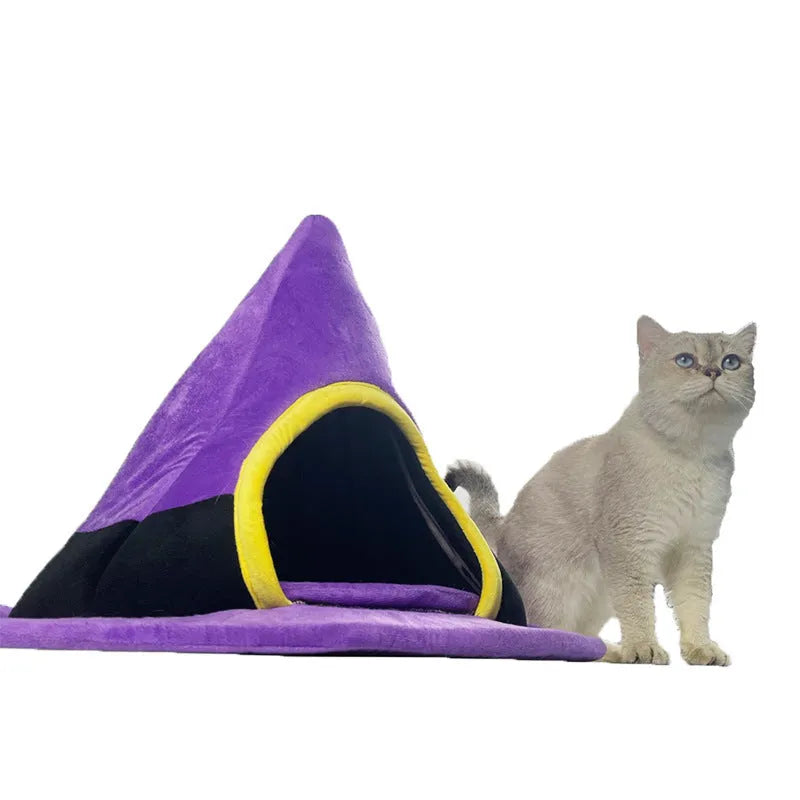 Purple cloth Halloween witch hat shaped cat bed nest measuring 60cm by 45cm