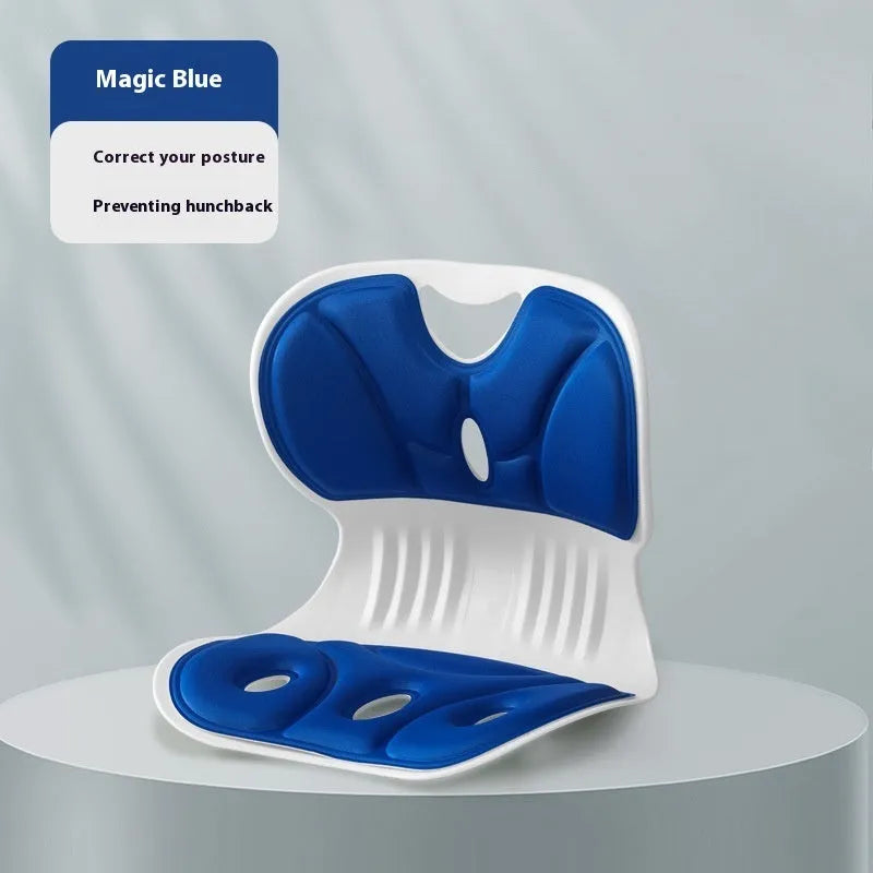 Memory foam backrest cushion with a securing strap shown in a grey colour on a chair.