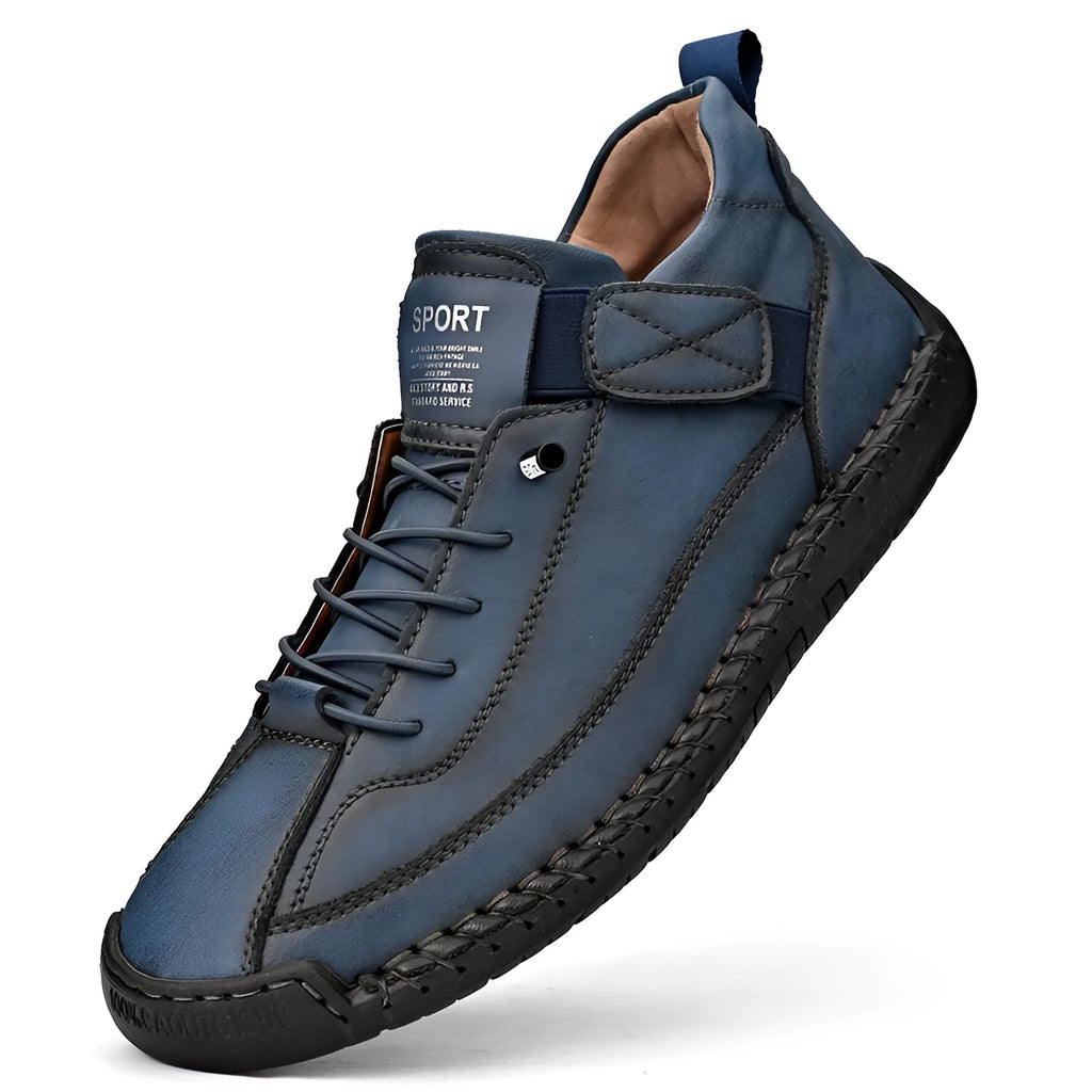 Men's mid-top Martin boot in khaki colour with tooling stitching on the rubber sole.
