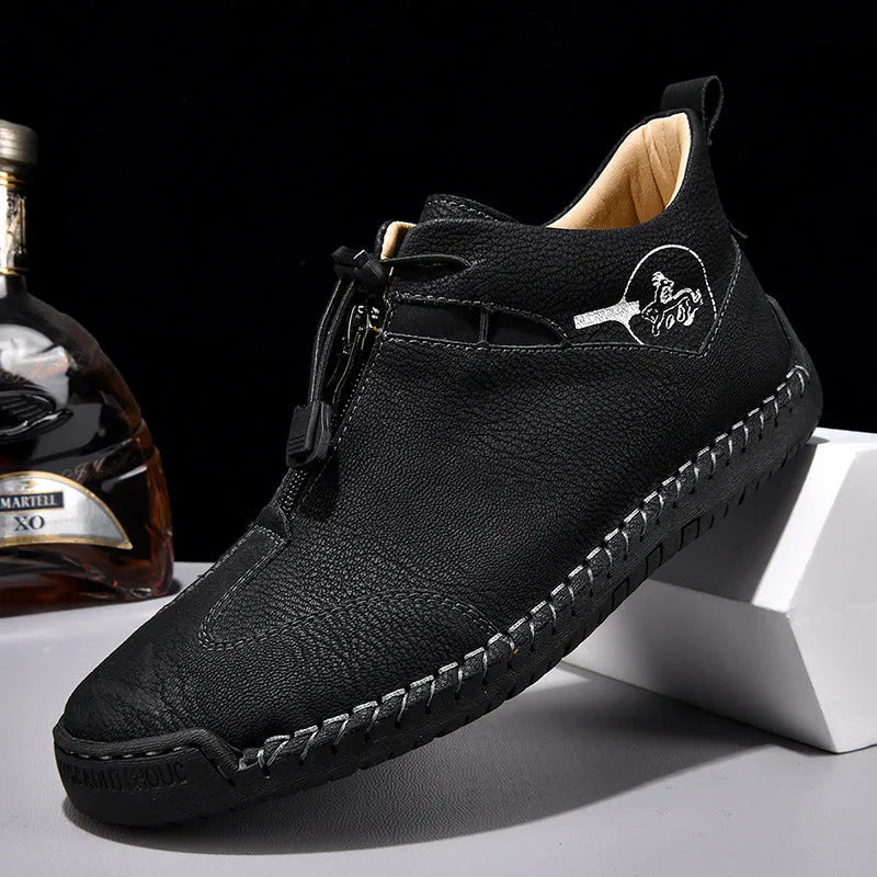 Men's green casual leather shoes with a round pointed toe and a mid-heel for height increase.