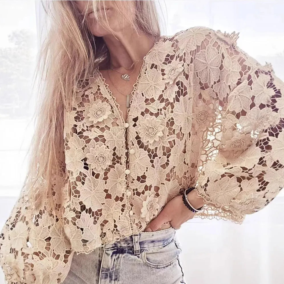 V-neck cardigan with lace flower decoration and hollow long sleeves in loose street fashion style