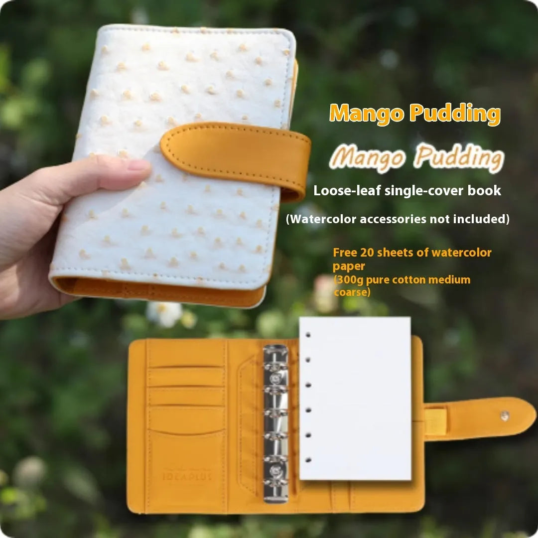 A7 loose-leaf watercolour sketchbook shown in one of five colour options: green, brown, yellow, coffee, or dark green.