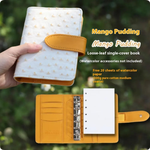 A7 loose-leaf watercolour sketchbook shown in one of five colour options: green, brown, yellow, coffee, or dark green.