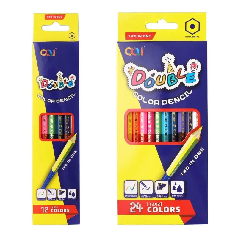 Double-headed colour pencil set in wooden case showing 12-piece and 6-piece configuration options