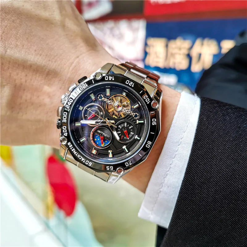 Automatic mechanical mens watch with silver stainless steel case and black dial