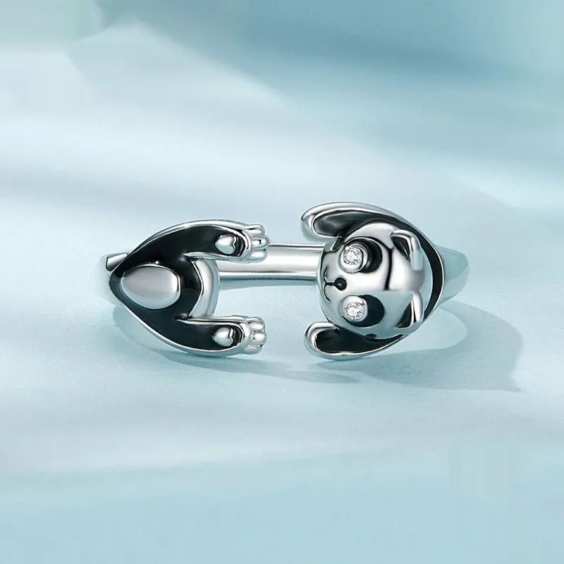 Adjustable sterling silver panda open ring bracelet with white gold plating