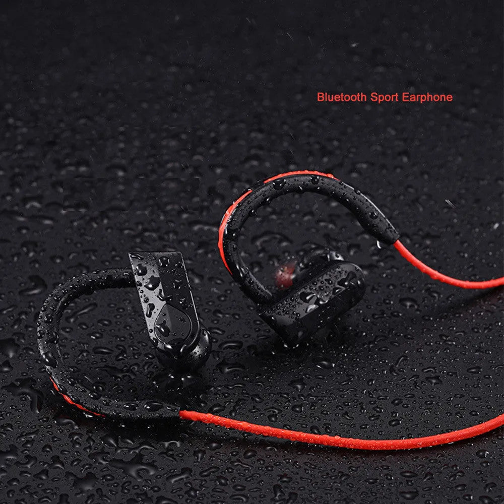 Wireless neckband Bluetooth earphones in black, blue or red colours showing neckband design and earbuds