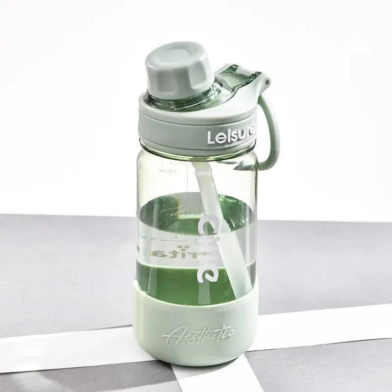 Portable cup with plastic straw in grey, green or pink with cartoon pattern design