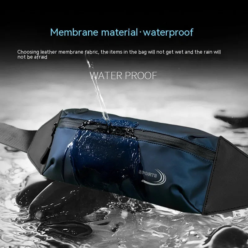 Men's blue waterproof sports waist bag with adjustable strap, 45cm long Oxford polyester construction