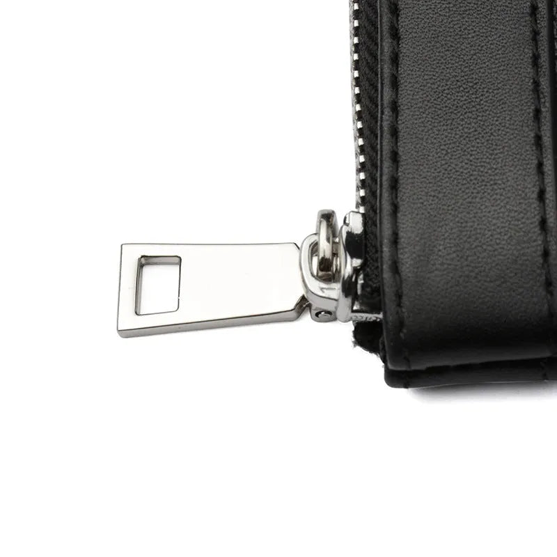 Black plaid men's leather clutch wallet showing dimensions and cowhide texture