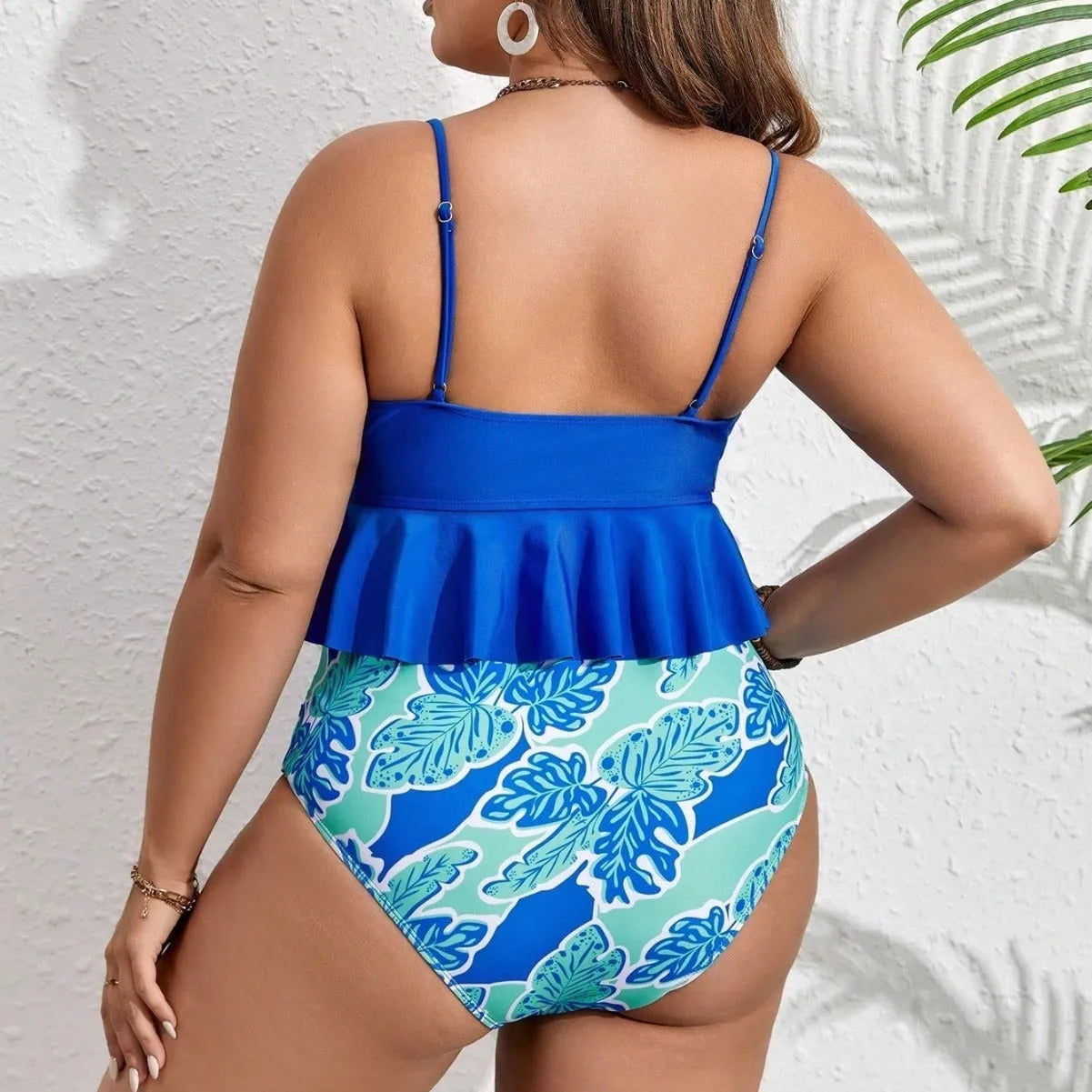 Blue women's bikini swimsuit set with briefs, European and American sizes 0XL to 4XL.