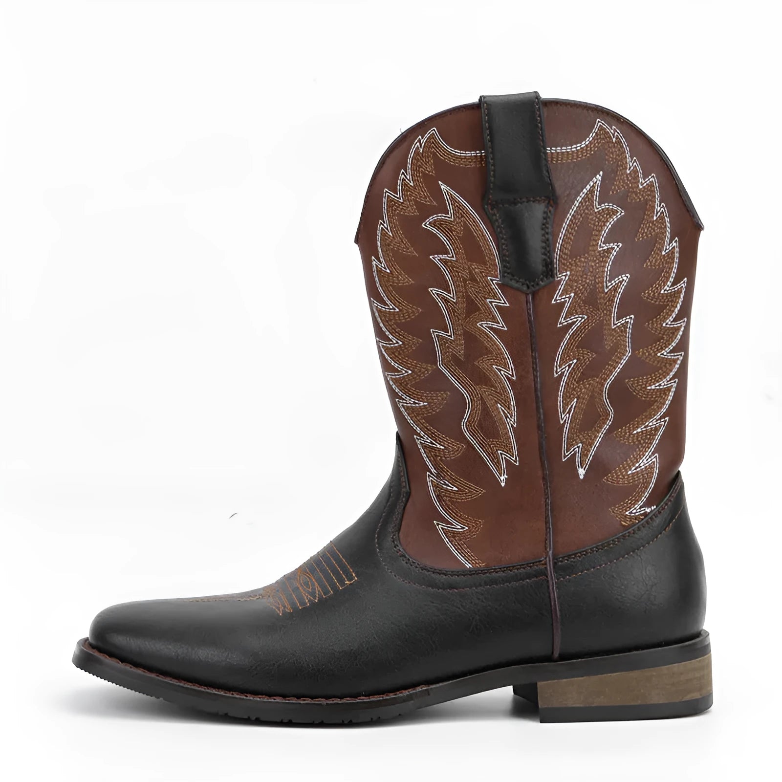 Men's western denim square toe motorcycle boots in black artificial leather with mid-calf length
