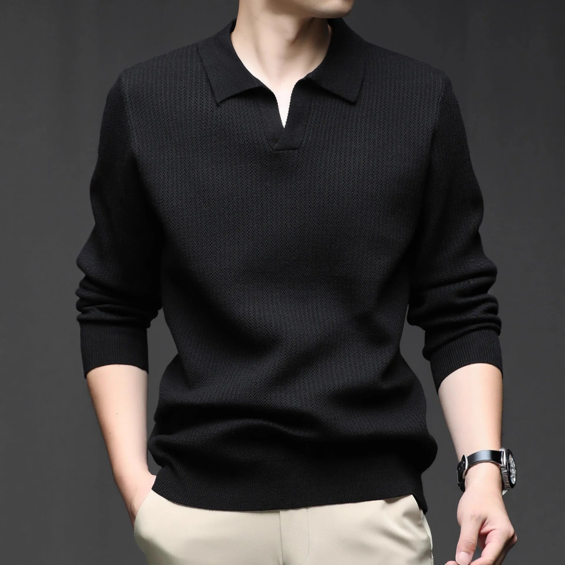 Men's loose fit casual pullover sweater in green, black, camel, or brown colours