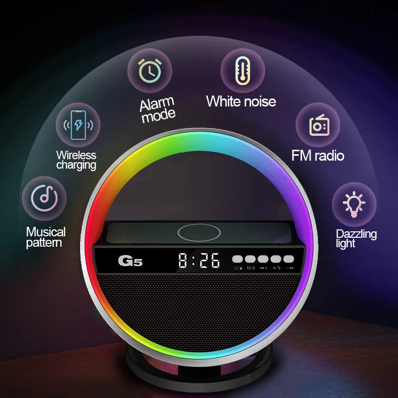 2024 multifunction RGB night light wireless charger Bluetooth speaker in white, 95x95x126mm
