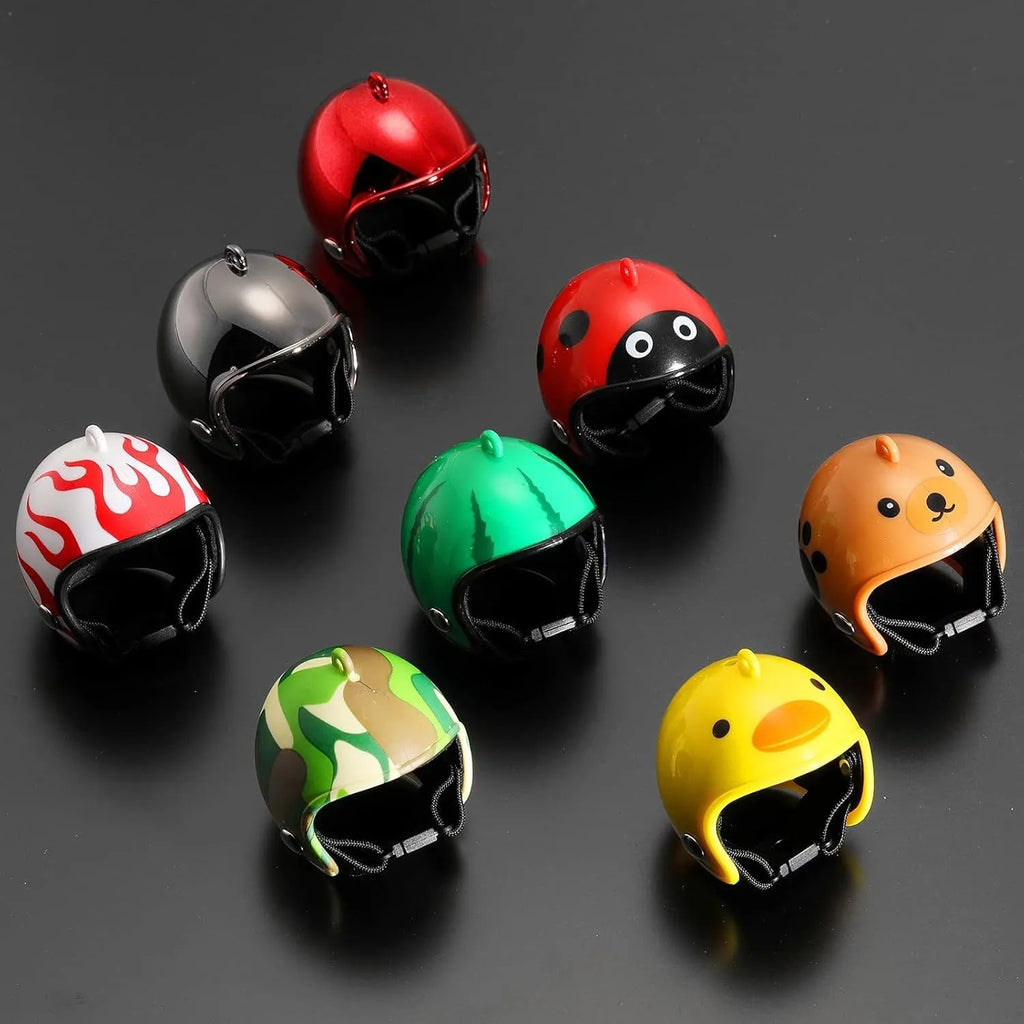 Small hard plastic pet helmet with elastic adjustment straps and sponge lining for chickens and birds