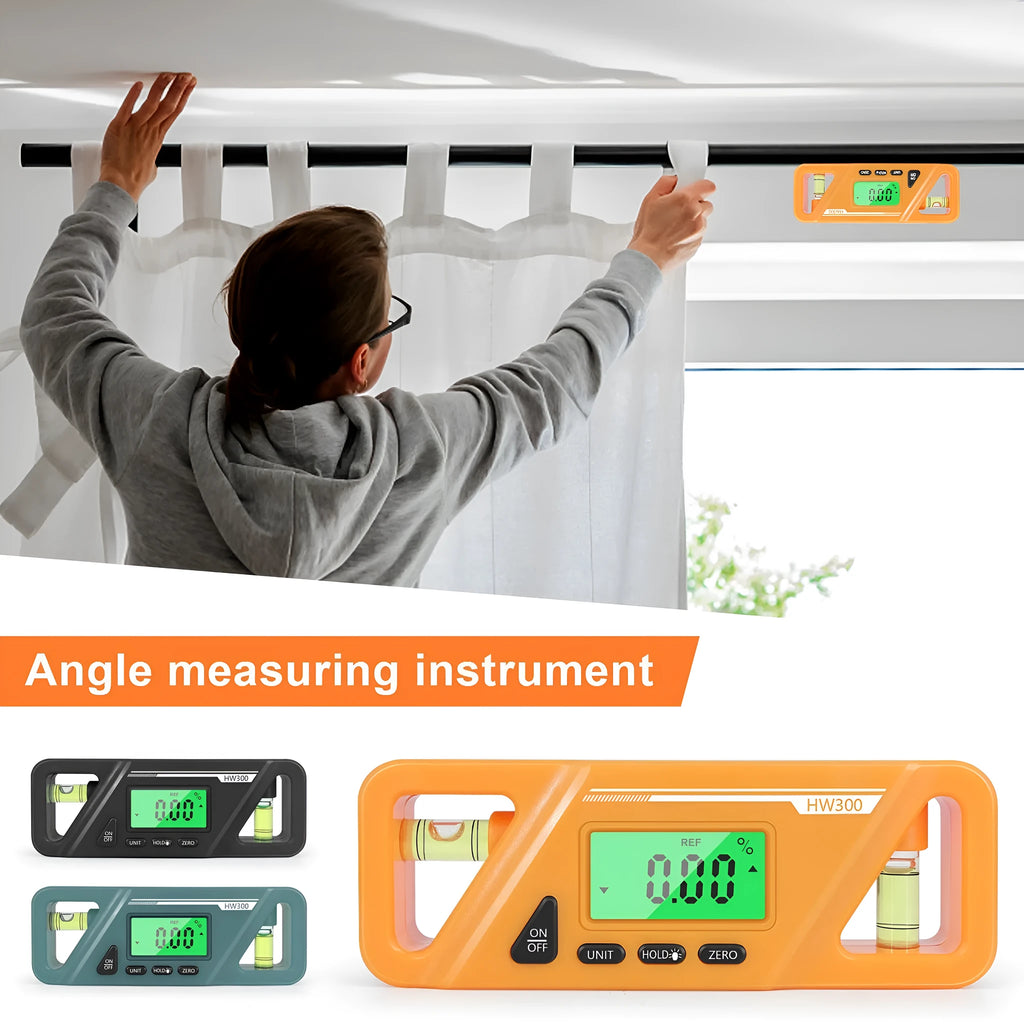 Digital inclinometer level meter with magnetic base showing angle measurement on display