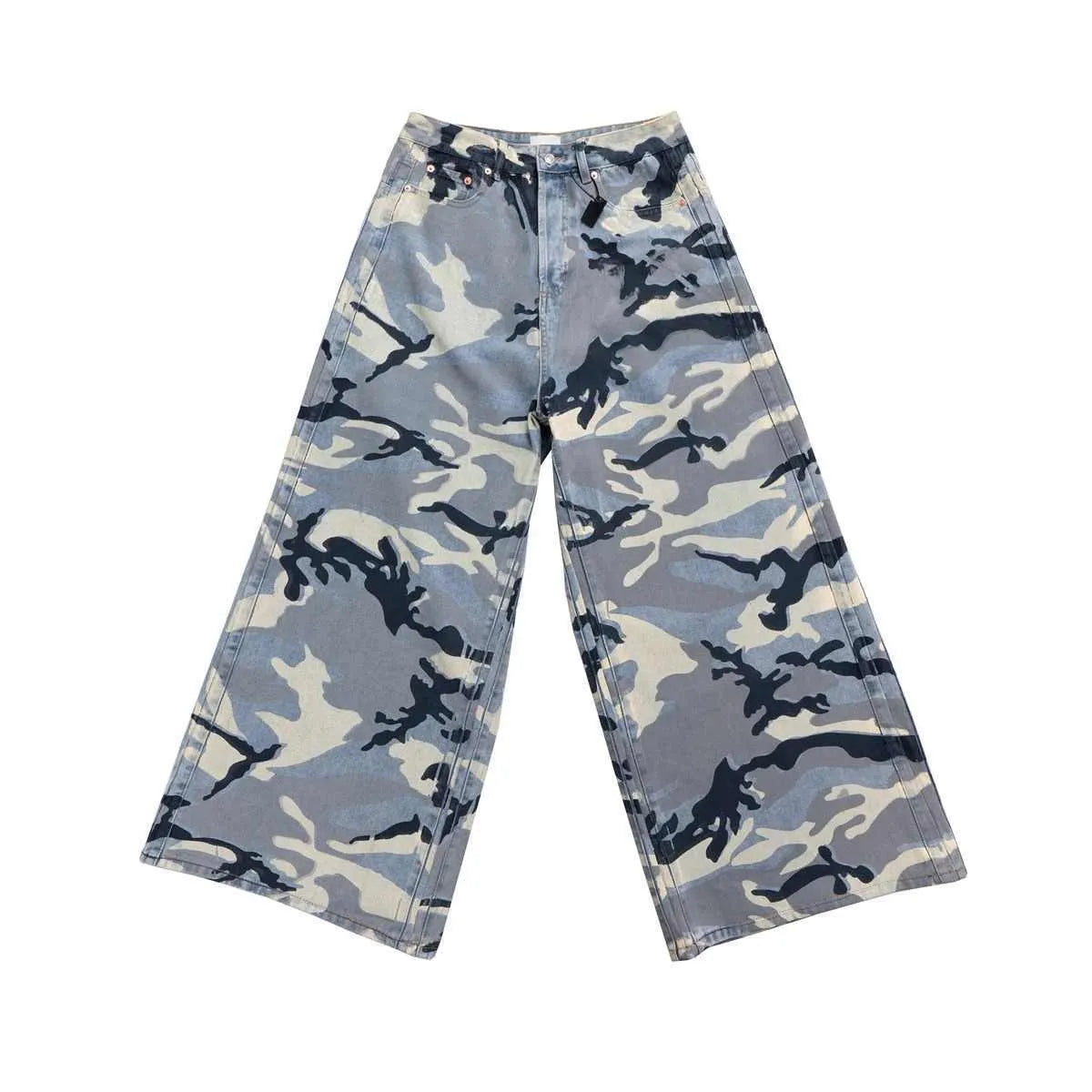 Man and woman modelling loose-fit jeans in a blue snow camouflage pattern with stretch denim fabric.