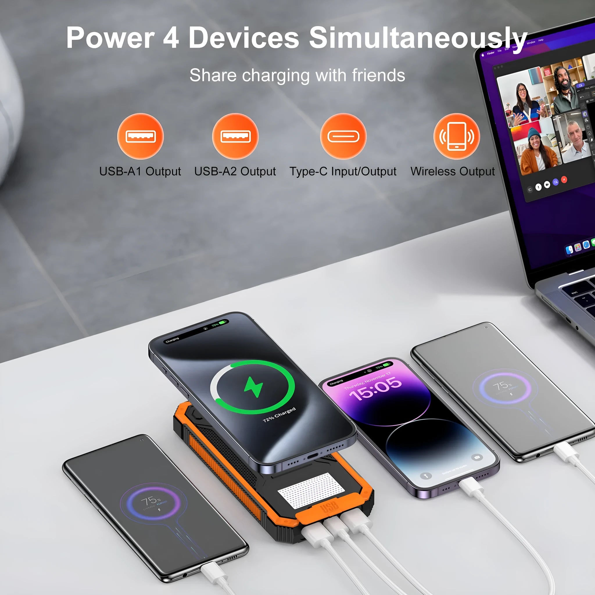 Outdoor solar charging unit 20000mAh wireless charger in orange plastic shell