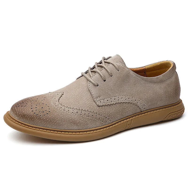 Men's black genuine cowhide leather low top business shoes with lace-up design and rubber sole.